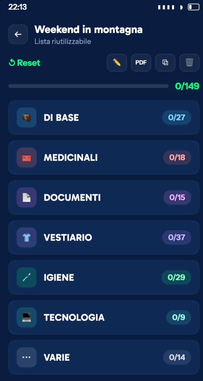 Valigiamo screen showing checklist categories
