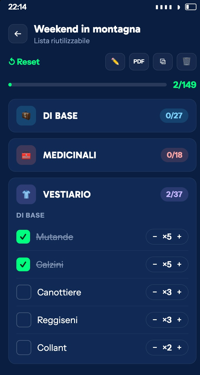 Valigiamo screen showing ticked items and the completion percentage