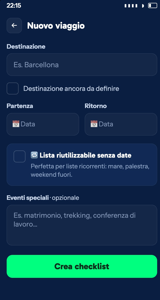 Valigiamo screen for creating a new trip